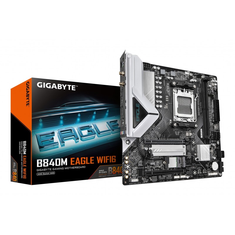 Gigabyte B840M EAGLE WIFI6 Carte Mère – Processeurs AMD Ryzen 9000, 5+2+2 phases VRM, jusqu’à 7600 MHz DDR5 O.C., 1 x M.2 PCIe 4.0 + 1 x M.2 PCIe 3.0, Wi-Fi 6, LAN 2.5 GbE, USB 3.2 Gen 1, AMD, Emplacement AM5, AMD Ryzen 7000 Series, AMD Ryzen 8000