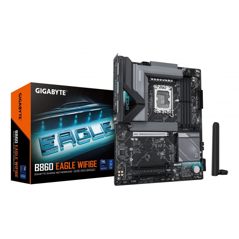 Gigabyte B860 EAGLE WIFI6E Carte mère - Processeurs Intel Core Ultra, VRM 12+1+2+1 phases, jusqu'à 9066MHz DDR5, 1xPCIe 5.0 + 2xPCIe 4.0 M.2, LAN 2,5 GbE, WIFI 6E, USB 3.2 Gen 2x2, Intel, LGA 1851 Socket V1, Intel Core Ultra série 1, Intel Core Ultra