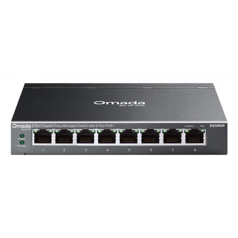 TP-LINK Omada ES208GP, Géré, L2, Gigabit Ethernet 101001000, Connexion Ethernet, supportant l'alimentation via ce port , Grille de montage, DIN rail