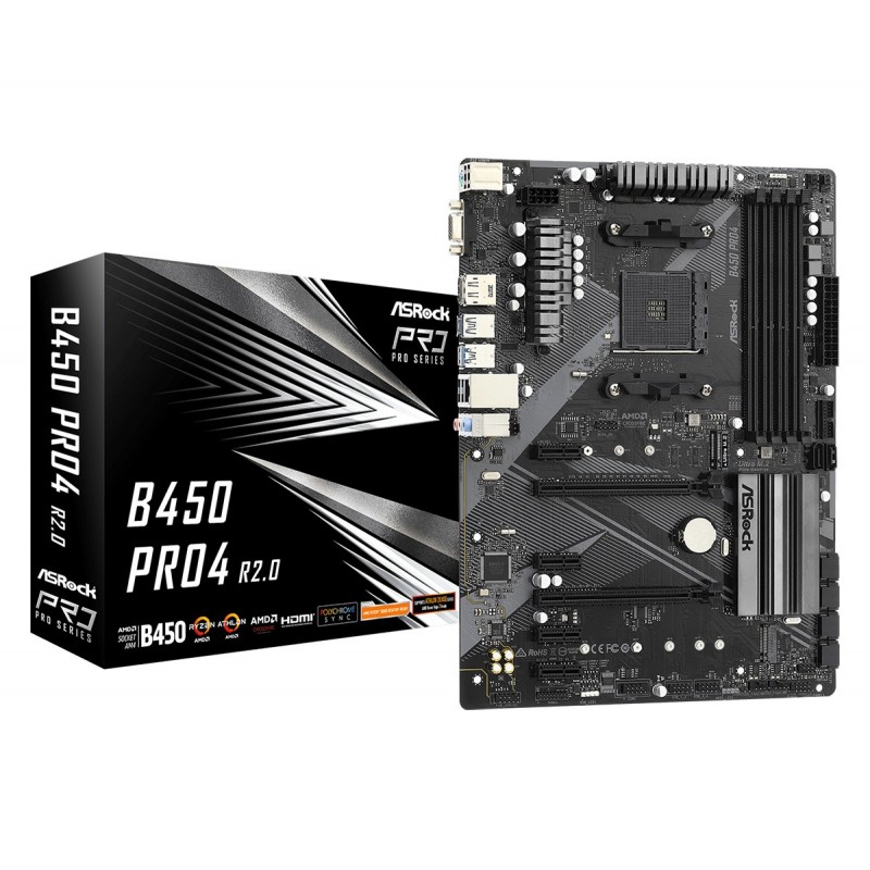 ASRock B450 Pro4 R2.0, AMD, Emplacement AM4, AMD Athlon, AMD Ryzen 3000 Series, AMD Ryzen 5000 Series, DDR4-SDRAM, 128 Go, DIMM
