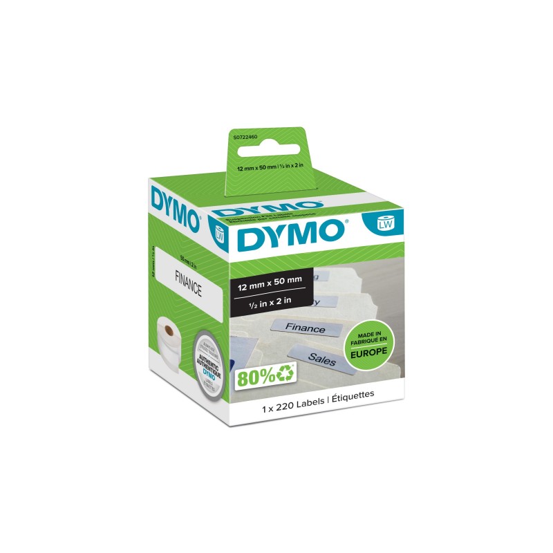 Dymo LW - Étiquettes pour dossiers suspendus - 12 x 50 mm - S0722460, Blanc, Imprimante d'étiquette adhésive, Papier, Permanent, Rectangle, LabelWriter
