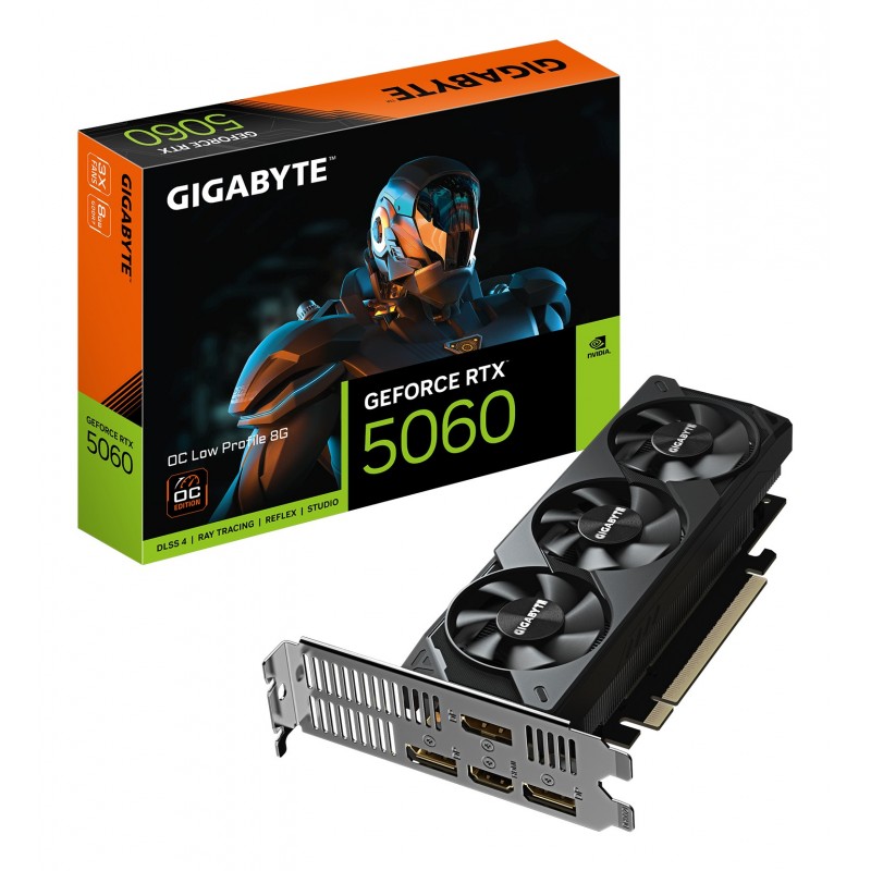 Gigabyte GeForce RTX 5060 OC Low Profile 8G Carte Graphique - 8GB GDDR7, 128bit, PCI-E 5.0, 2512 MHz Fréquence du cœur, 3 x DisplayPort, 1 x HDMI, GV-N5060OC-8GL, GeForce RTX 5060, 8 Go, GDDR7, 128 bit, 7680 x 4320 pixels, PCI Express 5.0