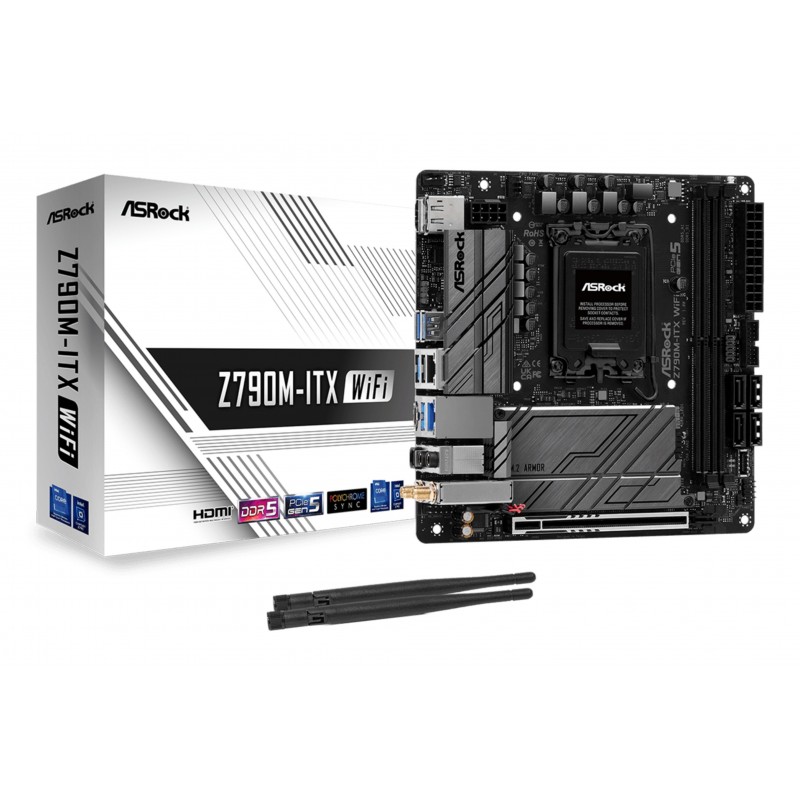 ASRock Z790M-ITX WiFi, Intel, LGA 1700, Intel® Core™ i5, Intel® Core™ i7, Intel® Core™ i9, DDR5-SDRAM, 64 Go, DIMM