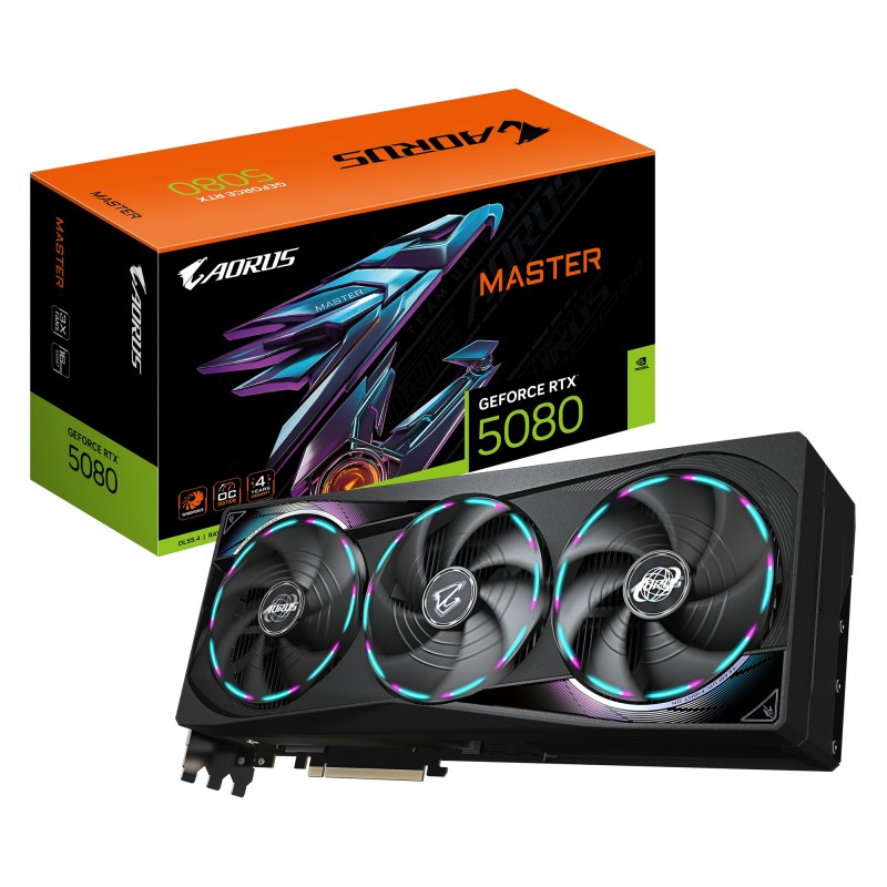 Gigabyte AORUS GeForce RTX 5080 MASTER 16G Carte Graphique - 16GB GDDR7, 256 bits, PCI-E 5.0, 2805MHz Core Clock, 3 x DisplayPort, 1 x HDMI, GV-N5080AORUS M-16GD, GeForce RTX 5080, 16 Go, GDDR7, 256 bit, 7680 x 4320 pixels, PCI Express 5.0