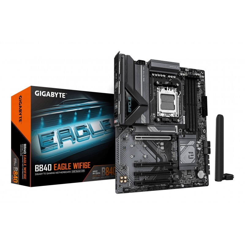 Gigabyte B840 EAGLE WIFI6E Carte Mère - Processeurs AMD Ryzen 9000, VRM 8+2+2 phases, jusqu’à 8200MHz DDR5O.C, 2xPCIe 4.0 + 1xPCIe 3.0 M.2, Wi-Fi 6E, LAN 2.5GbE, USB 3.2 Gen 2, AMD, Emplacement AM5, AMD Ryzen 7000 Series, AMD Ryzen 8000 Series, AMD