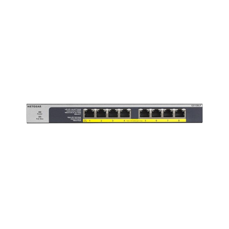 Netgear GS108LP, Non-géré, Gigabit Ethernet 101001000, Connexion Ethernet, supportant l'alimentation via ce port , Grille de montage, 1U, Montage mural