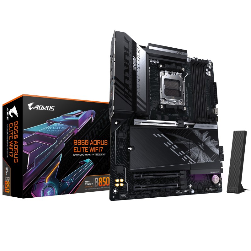 Gigabyte B850 AORUS ELITE WIFI7 Carte Mère - AMD Ryzen 9000 Series CPUs, VRM numérique 14+2+2 phases, jusqu'à 8200MHz DDR5 , 1xPCIe 5.0 + 2xPCIe 4.0 M.2, LAN 2,5, WIFI 7, USB 3.2 Gen 2x2, AMD, Emplacement AM5, AMD Ryzen 7000 Series, AMD Ryzen 8000
