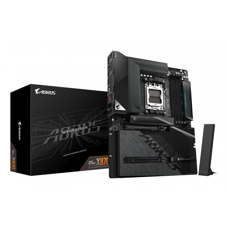 Gigabyte X870 AORUS STEALTH Carte Mère - Prend en charge les processeurs AMD Ryzen 9000, VRM numérique 16+2+2 phases, jusqu’à 8200MHz DDR5 O.C., 2xPCIe 5.0 + 2xPCIe 4.0, Wi-Fi 7, LAN 5GbE, USB 4, AMD, Emplacement AM5, AMD Ryzen 7000 Series, AMD Ryzen