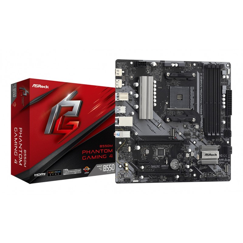 ASRock B550M Phantom Gaming 4, AMD, Emplacement AM4, AMD Ryzen 3000 Series, DDR4-SDRAM, 128 Go, DIMM