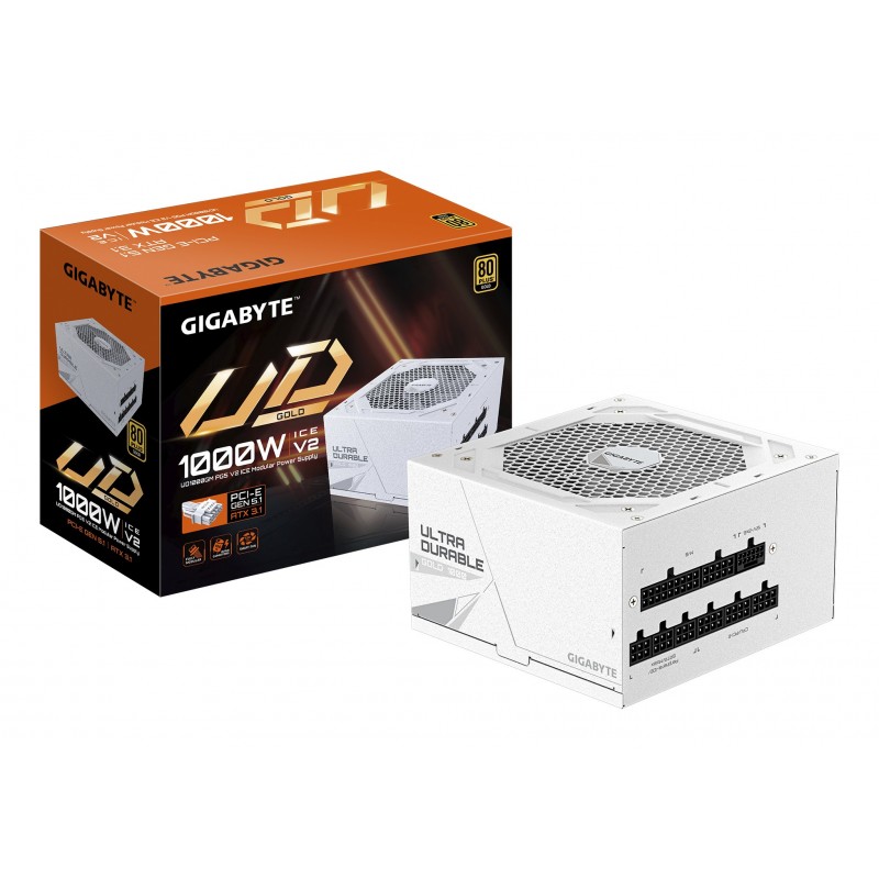 Gigabyte UD1000GM PG5 V2 ICE Bloc d’Alimentation – PCIe Gen 5.1, 80 PLUS Gold, Conception entièrement modulaire, Ventilateur 120 mm, Compatible ATX 3.1, Prise EU, 1000 W, 100 - 240 V, 5060 Hz, 15 - 6.5 A, Actif, 125 W