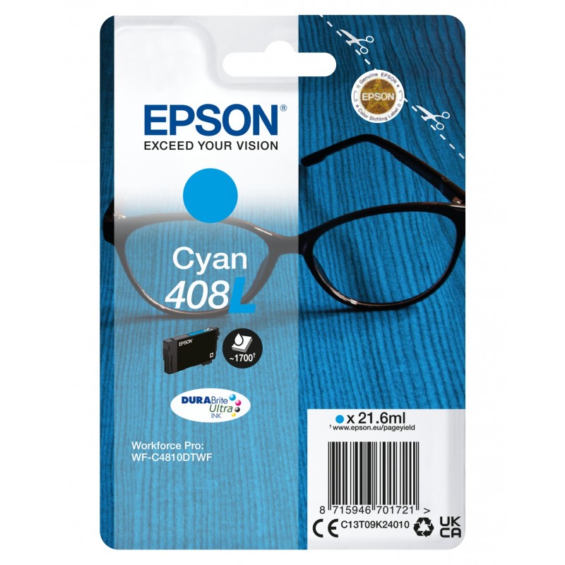 Epson Singlepack Cyan 408L DURABrite Ultra Ink, Rendement élevé , Encre à pigments, 21,6 ml, 1 pièce