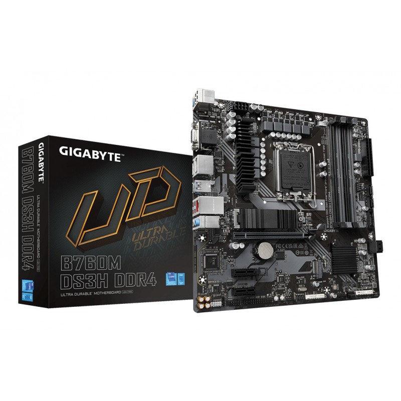 Gigabyte B760M DS3H DDR4 Carte Mère - Prend en charge les processeurs Intel Core de 14e génération, VRM numérique 6+2+1 phases, jusqu'à 5333MHz DDR4 , 2xPCIe 4.0 M.2, LAN 2.5GbE, USB 3.2 Gen2, Intel, LGA 1700, Intel® Celeron®, Intel® Core™ i3