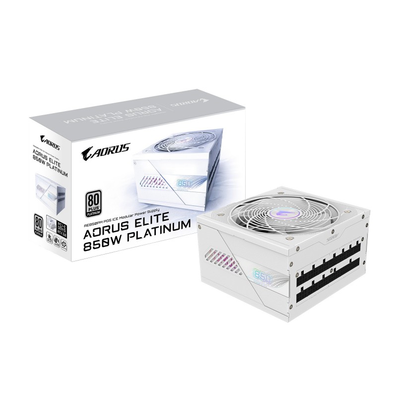 Gigabyte AORUS ELITE P850W ICE Alimentation - PCIe 5.0, 80 PLUS Platinum, Conception entièrement modulaire, Ventilateur de 120 mm, Compatible ATX 3.0, Prise EU, 850 W, 100 - 240 V, 5060 Hz, 12 A, Actif, 125 W