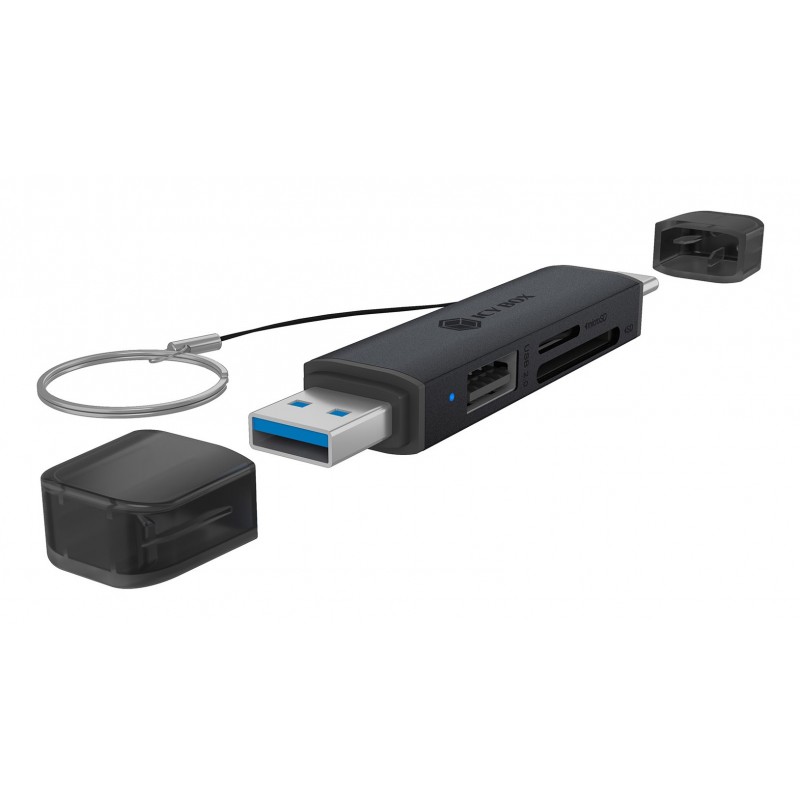 ICY BOX Lecteur de cartes 3 en 1 via l'interface USB Type-A & USB Type-C, MicroSD , MicroSDHC, MicroSDXC, SD, SDXC, Noir, 5000 Mbits, Aluminium, 2 To, USB 3.2 Gen 1 3.1 Gen 1 Type-AType-C