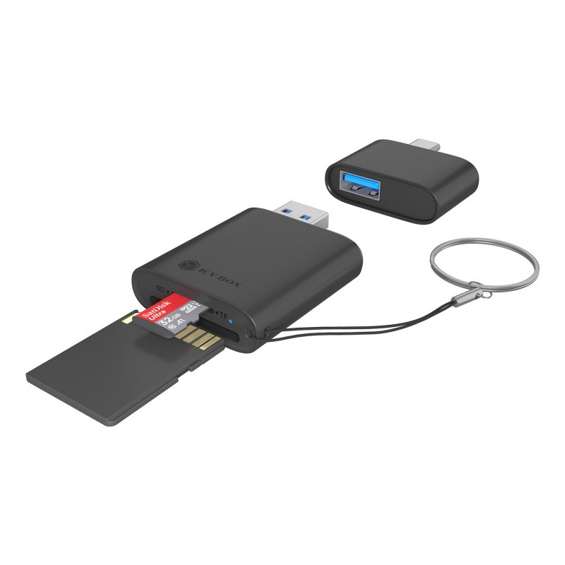 ICY BOX Lecteur de cartes 2 en 1 via interface USB Type-A & USB Type-C, MicroSD , MicroSDHC, MicroSDXC, SD, SDHC, SDXC, Noir, 5000 Mbits, Acrylonitrile-Butadiène-Styrène , 2 To, USB 3.2 Gen 1 3.1 Gen 1 Type-AType-C