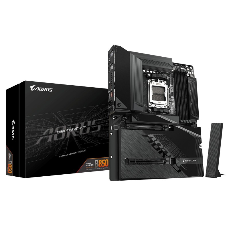 Gigabyte B850 AORUS STEALTH Carte Mère – Processeurs AMD Ryzen 9000 Series, VRM numérique 14+2+2 phases, jusqu’à 8200 MHz DDR5 O.C., 2× M.2 PCIe 5.0 + 2× M.2 PCIe 4.0, Wi-Fi 7, LAN 5 GbE, USB 3.2 Gen 2, AMD, Emplacement AM5, AMD Ryzen 7000