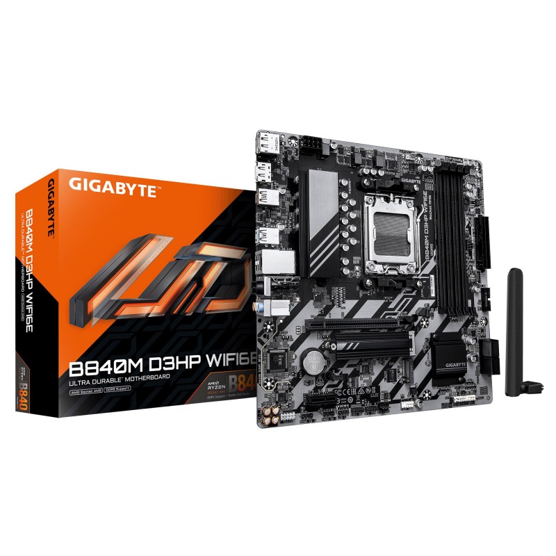 Gigabyte B840M D3HP WIFI6E Carte Mère – Processeurs AMD Ryzen 9000, VRM 8+2+2 phases, jusqu’à 8200 MHz DDR5 O.C., 2× M.2 PCIe 4.0, Wi-Fi 6E, LAN 1 GbE, USB 3.2 Gen 2, AMD, Emplacement AM5, AMD Ryzen 7000 Series, AMD Ryzen 8000 Series, AMD Ryzen