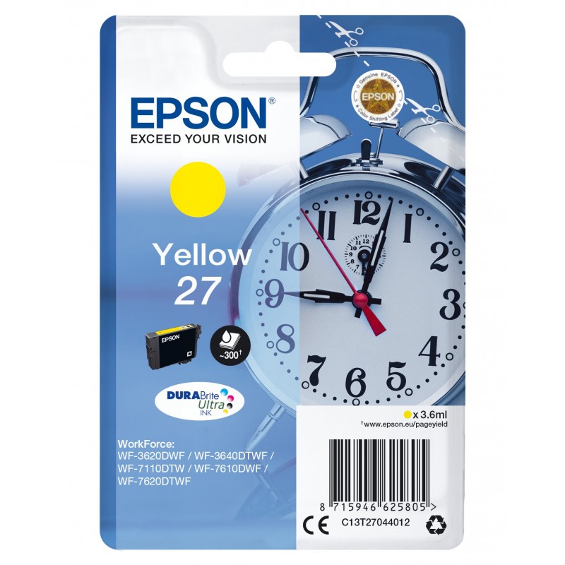 Epson Alarm clock Cartouche "Réveil" 27 - Encre DURABrite Ultra J, Rendement standard, Jaune, Encre à pigments, 3,6 ml, 1 pièce, 300 pages