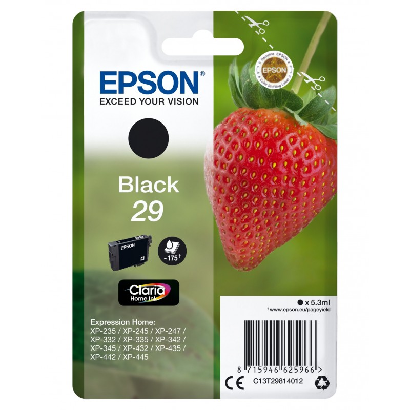 Epson Strawberry Cartouche "Fraise" 29 - Encre Claria Home N, Rendement standard, Noir, Encre à pigments, 5,3 ml, 1 pièce, 175 pages
