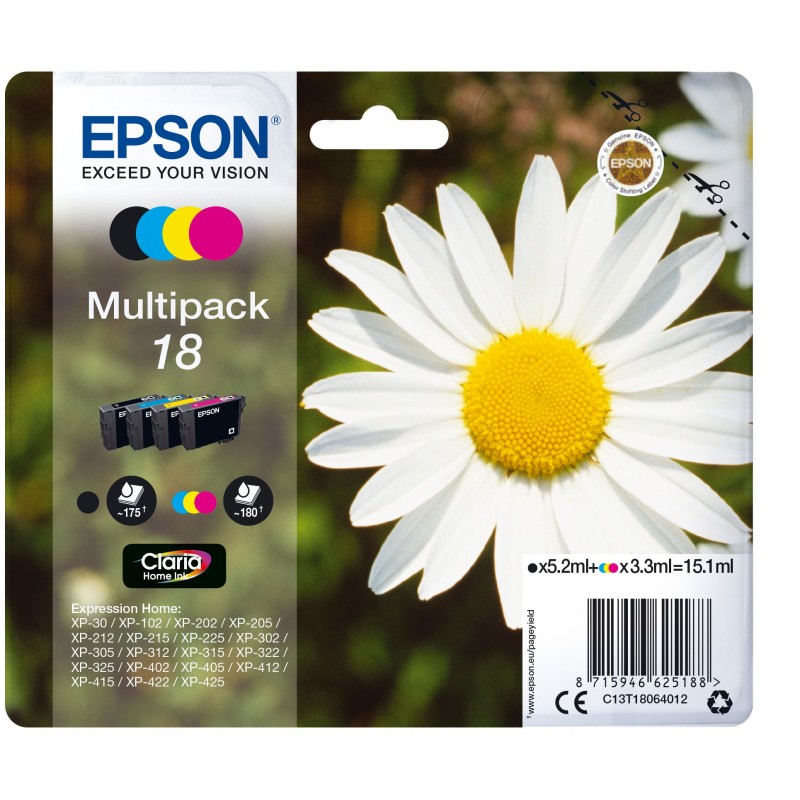 Epson Daisy Multipack "Pâquerette" 18 - Encre Claria Home N,C,M,J, Rendement standard, 5,2 ml, 3,3 ml, 175 pages, 1 pièce, Multi pack