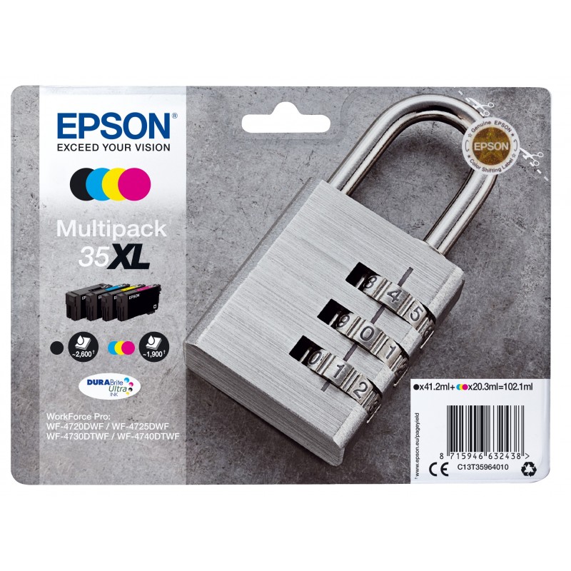 Epson Padlock Multipack 4-colours 35XL DURABrite Ultra Ink, Rendement élevé , Noir, Cyan, Magenta, Jaune, Encre à pigments, 41,2 ml, 20,3 ml, 1 pièce