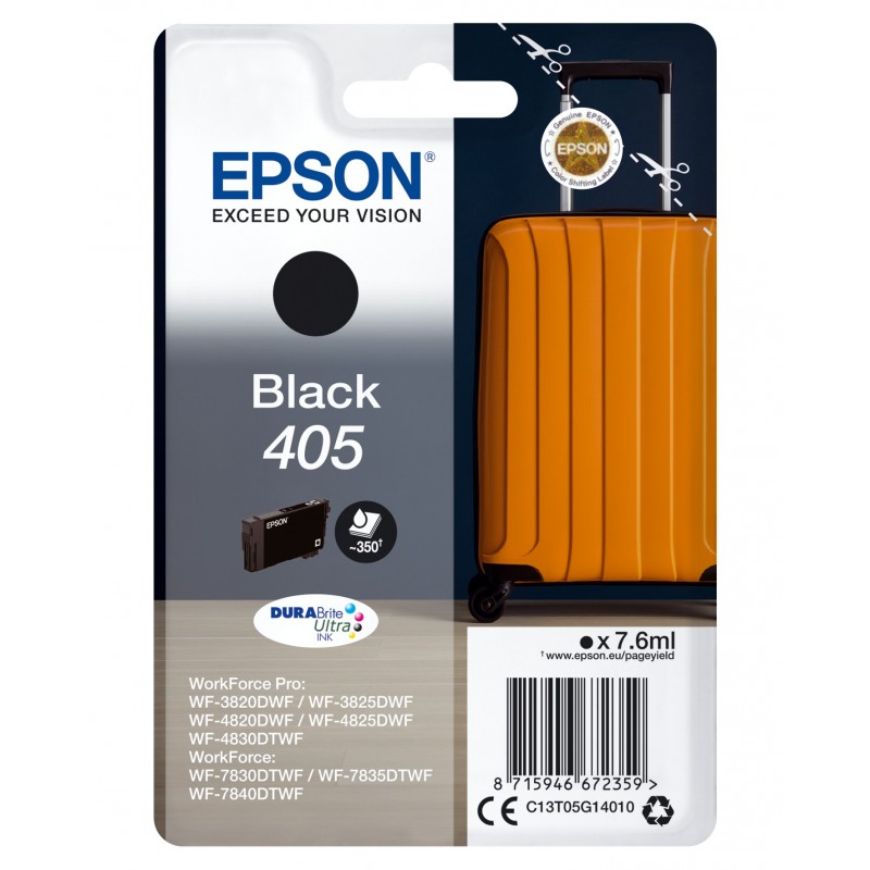 Epson Singlepack Black 405 DURABrite Ultra Ink, Rendement standard, Noir, Encre à sublimation thermique, 7,6 ml, 7,6 ml, 1 pièce