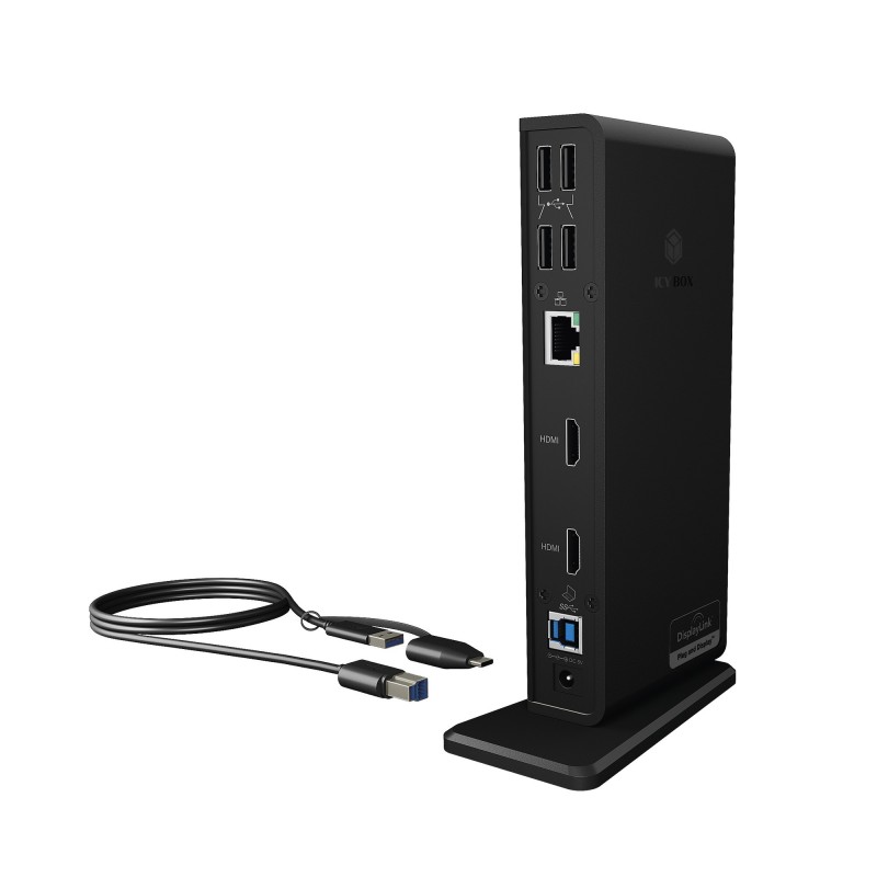 ICY BOX IB-DK2251AC, Avec fil, USB 3.2 Gen 2 3.1 Gen 2 Type-A, 3,5 mm, 10,100,1000 Mbits, Noir, 5 Gbits