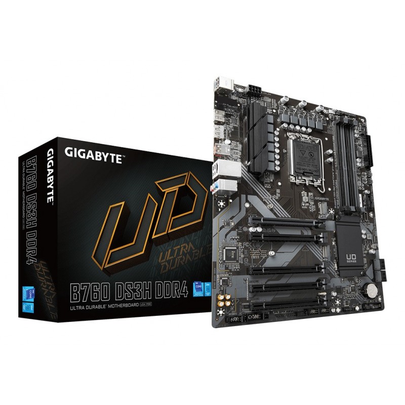 Gigabyte B760 DS3H DDR4 Carte Mère - Prend en charge les processeurs Intel Core 14e génération, VRM numérique 18+2+1 phases, jusqu'à 5333MHz DDR4 , 2xPCIe 4.0 M.2, LAN GbE, USB 3.2 Gen 2, Intel, LGA 1700, Intel® Celeron®, Intel® Core™ i3