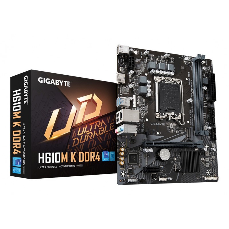 Gigabyte H610M K DDR4 Carte mère - Compatible avec processeurs Intel Core 14th Gen CPUs, 3+1+1 Phases Hybrid Power Design, up to 3200MHz DDR4, 1xPCIe 3.0 M.2, GbE LAN, USB 3.2 Gen 1, Intel, LGA 1700, Intel® Celeron®, Intel® Core™ i3, Intel® Core™
