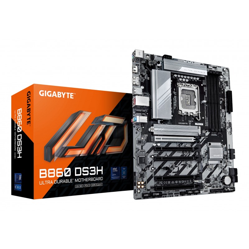 Gigabyte B860 DS3H Carte mère - Processeurs Intel Core Ultra, VRM 8+1+2+2 phases, jusqu'à 9066MHz DDR5, 1xPCIe 5.0 + 1xPCIe 4.0 M.2, LAN 2,5 GbE, USB 3.2 Gen 2x2, Intel, LGA 1851 Socket V1, Intel Core Ultra série 1, Intel Core Ultra Series 2, LGA 1851