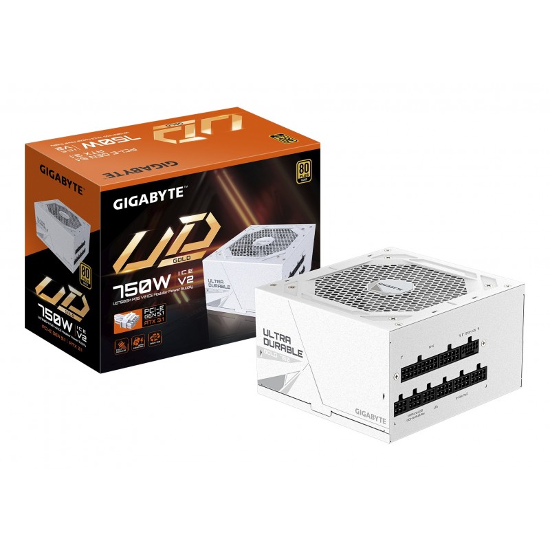 Gigabyte UD750GM PG5 V2 ICE Bloc d’Alimentation – PCIe Gen 5.1, 80 PLUS Gold, Conception entièrement modulaire, Ventilateur 120 mm, Compatible ATX 3.1, Prise EU, 750 W, 100 - 240 V, 5060 Hz, 12 - 6.5 A, Actif, 105 W