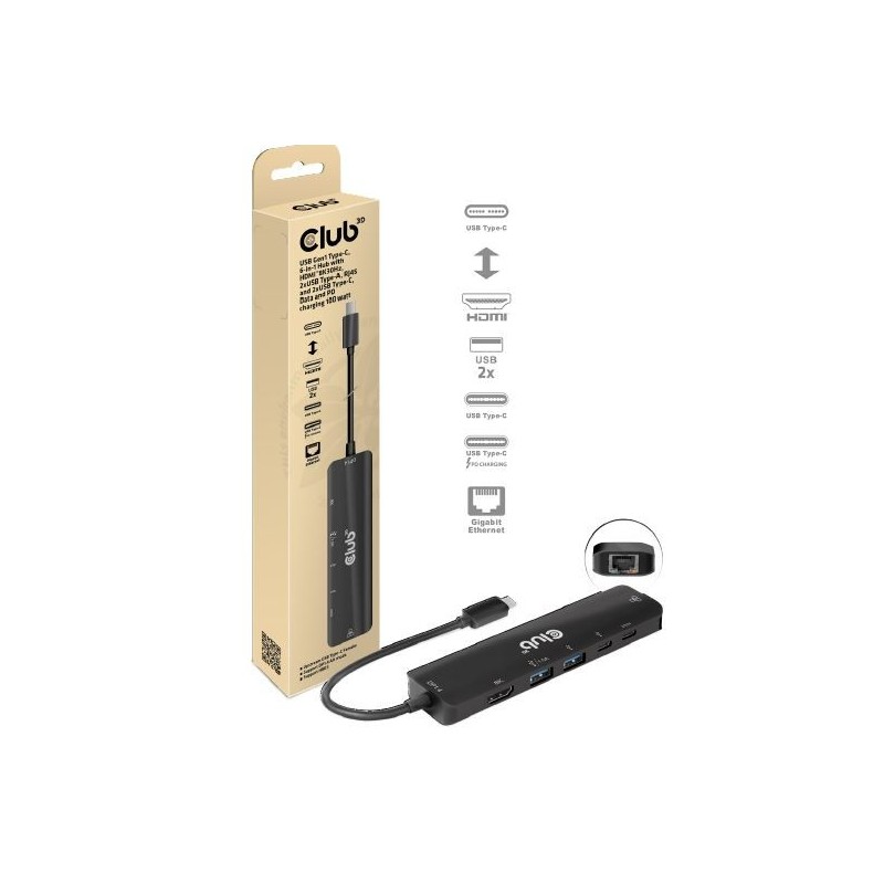 Club 3D CSV-1596, USB 3.2 Gen 1 3.1 Gen 1 Type-C, 100 W, 1.42.3, 100,1000 Mbits, Noir, 8K Ultra HD