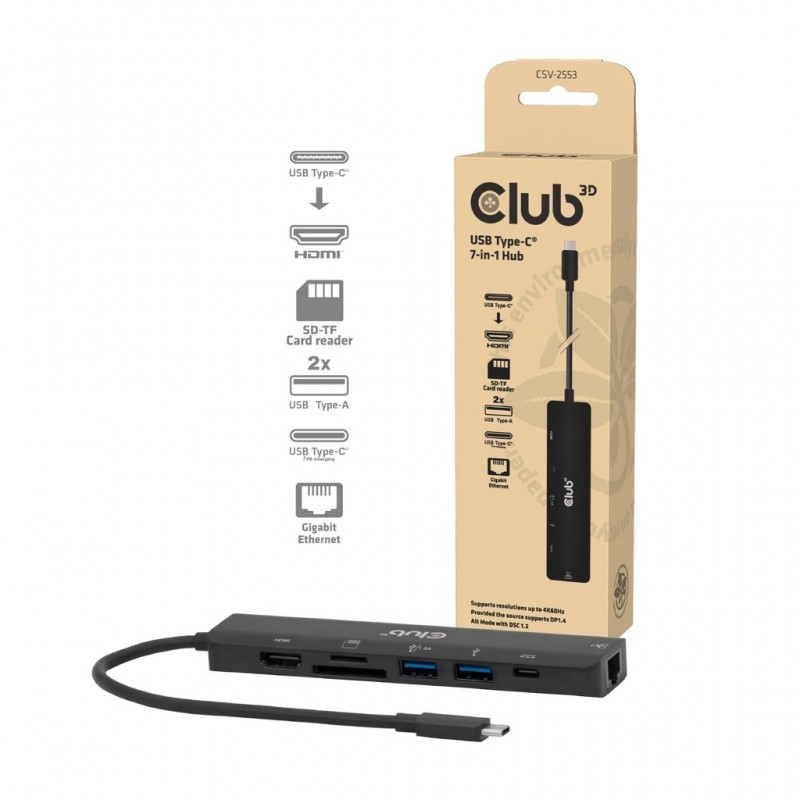 Club 3D CSV-2553, USB Type-C, HDMI, RJ-45, USB 2.0 Type-A, USB Type-C, MicroSD , SD, 5000 Mbits, 60 Hz, 3840 x 2160