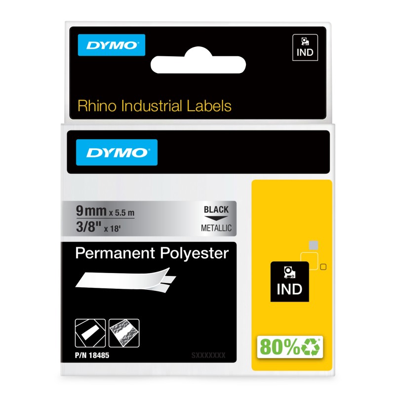 Dymo Rhino Étiquettes Industrielles | polyester permanent | 9 mm x 5,5 m | autocollantes impression en Noir sur fond métallique | pour étiqueteuses Rhino et LabelManager, Noir sur fond métallique, Multicolore, Polyester, -40 - 150 C, UL 969, DYMO
