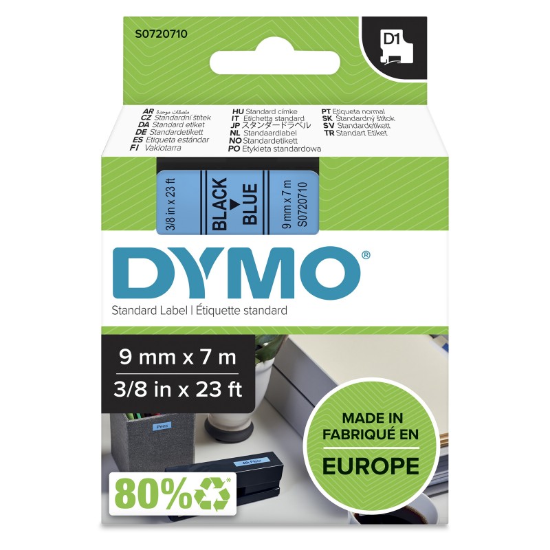 Dymo D1 étiquettes autocollantes authentiques | rouleau de 9 mm x 7 m | impression en noir sur fond bleu | autocollantes | pour étiqueteuses LabelManager, Noir sur bleu, Polyester, Belgique, -18 - 90 C, DYMO, LabelManager, LabelWriter 450 DUO