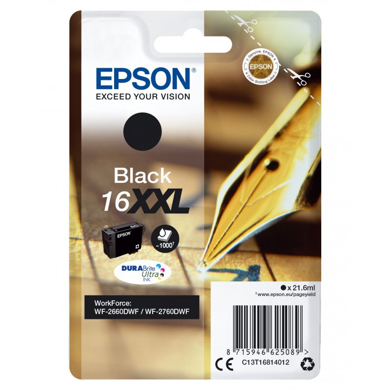 Epson Cartouche "Stylo à plume"16XXL - Encre DURABrite Ultra N, Rendement extra élevé, Noir, Encre à pigments, 21,6 ml, 1 pièce, 1000 pages