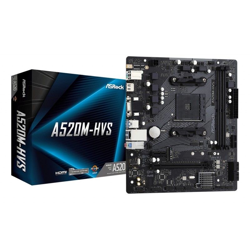 ASRock A520M-HVS, AMD, Emplacement AM4, AMD Ryzen 3000 Series, DDR4-SDRAM, 64 Go, DIMM
