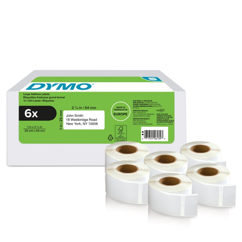 Dymo LW étiquettes de retour autocollantes | 25 mm x 54 mm | 6 rouleaux 500 étiquettes faciles à décoller lot de 3.000 | pour les étiqueteuses LabelWriter, Blanc, Rectangle, 2,5 cm, 5,4 cm, 2 kg, 2 kg