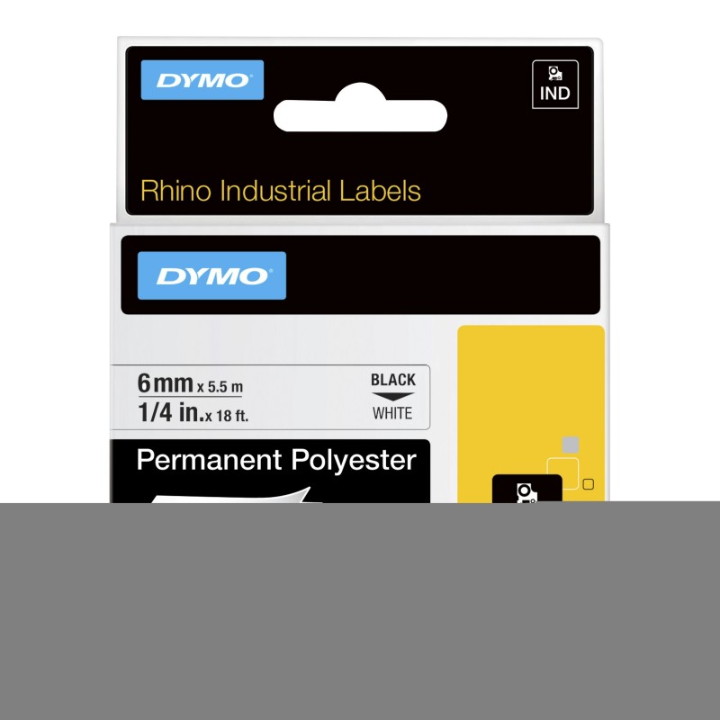 Dymo Rhino Étiquettes Industrielles | polyester permanent | 6 mm x 5,5 m | autocollantes impression en Noir sur fond blanc | pour étiqueteuses Rhino et LabelManager, Noir sur blanc, Multicolore, Polyester, -40 - 150 C, UL 969, DYMO