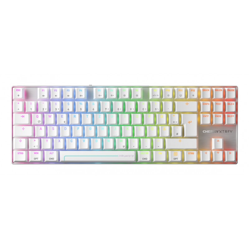 Cherry MX 8.2 Pro TMR Wireless, Avec fil &sans fil, USB + RF Wireless + Bluetooth, Magnetic-mechanical key switch, QWERTZ, LED RGB, Argent, Blanc