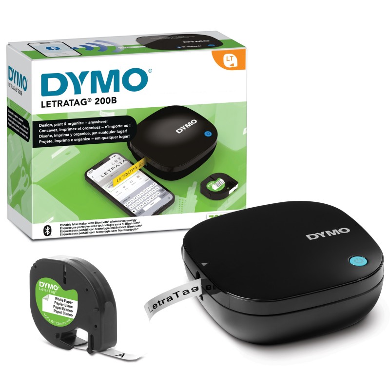 Dymo LetraTag 200B étiqueteuse Bluetooth | Imprimante d'étiquettes compacte | Se connecte à iOS et Android à l'aide de la technologie Bluetooth sans fil | Inclut 1 ruban en papier blanc, Thermique directTransfert thermique, 7 mmsec, Sans fil, Noir