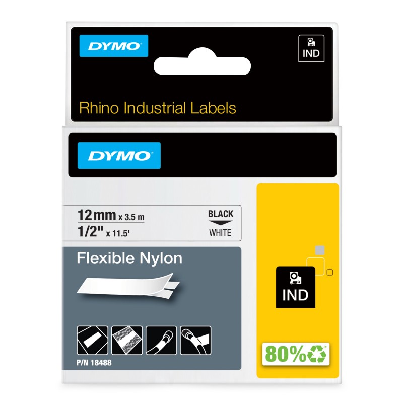 Dymo Rhino Étiquettes industrielles | Nylon flexible | rouleau de 12 mm x 3,5 m | autocollantes impression en noir sur fond blanc | pour étiqueteuses Rhino et LabelManager, Noir sur blanc, Noir, Nylon, Belgique, Rhino, Rhino IND