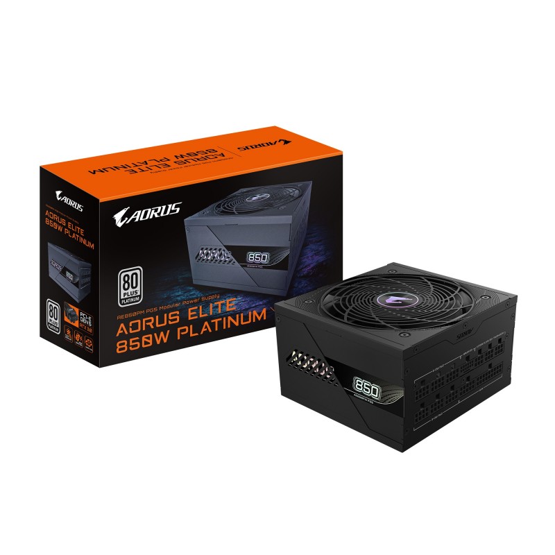 Gigabyte AORUS ELITE P850W Alimentation - PCIe 5.0, 80 PLUS Platinum, Conception entièrement modulaire, Ventilateur de 120 mm, Compatible ATX 3.0, Prise EU, 850 W, 100 - 240 V, 5060 Hz, 12 A, Actif, 125 W