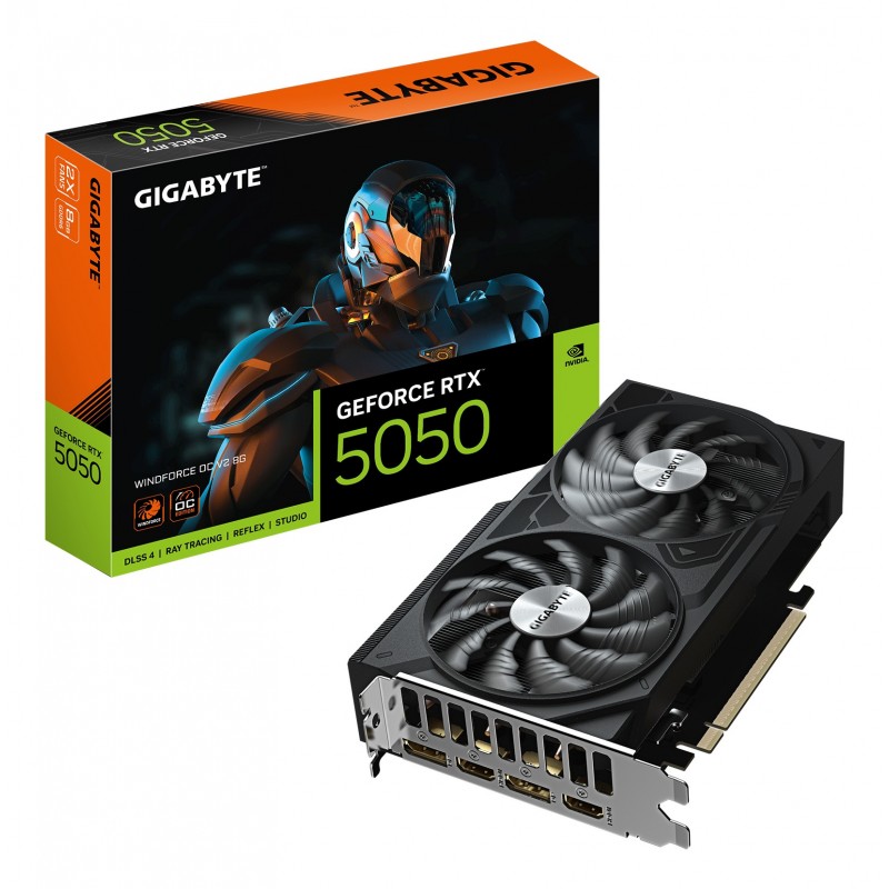 Gigabyte GeForce RTX 5050 WINDFORCE OC V2 8G Carte Graphique - 8GB GDDR6, 128bit, PCI-E 5.0, 2572MHz Fréquence du cœur, 2 x DP, 2 x HDMI, NVIDIA DLSS 4, GV-N5050WF2OCV2-8GD, GeForce RTX 5050, 8 Go, GDDR6, 128 bit, 7680 x 4320 pixels, PCI Express 5.0