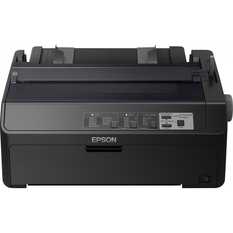 Epson LQ-590II, 550 caractères par seconde, 10 caractères par pouce, 6 copies, Code 128 ABC, Code 39, EAN13, EAN8, Interleaved 25, POSTNET, UPC-A, UPC-E, PC437, PC708, PC720, PC850, PC858, PC864, PCAR864, ISO 8859-15, Roman 8, Italique, Enveloppes