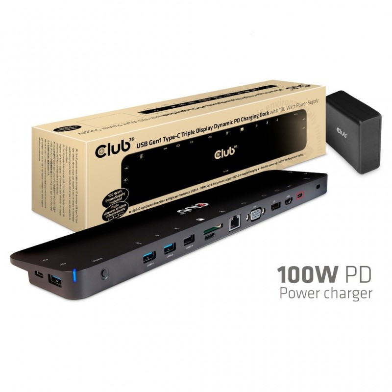 Club 3D CSV-1564W100, Station d'accueil, USB 3.2 Gen 1 3.1 Gen 1 Type-C, Noir, Lenovo Dell Acer Asus. MSI. Toshiba Apple HP Razer, Meets ROHS, FCC, and CE EMI requirements, 9 g