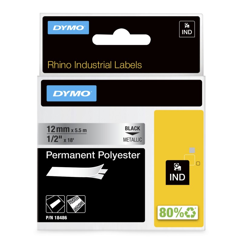 Dymo Rhino Étiquettes Industrielles | polyester permanent | 12 mm x 5,5 m | autocollantes impression en Noir sur fond métallique | pour étiqueteuses Rhino et LabelManager, Noir sur fond métallique, Multicolore, Polyester, -40 - 150 C, UL 969, DYMO