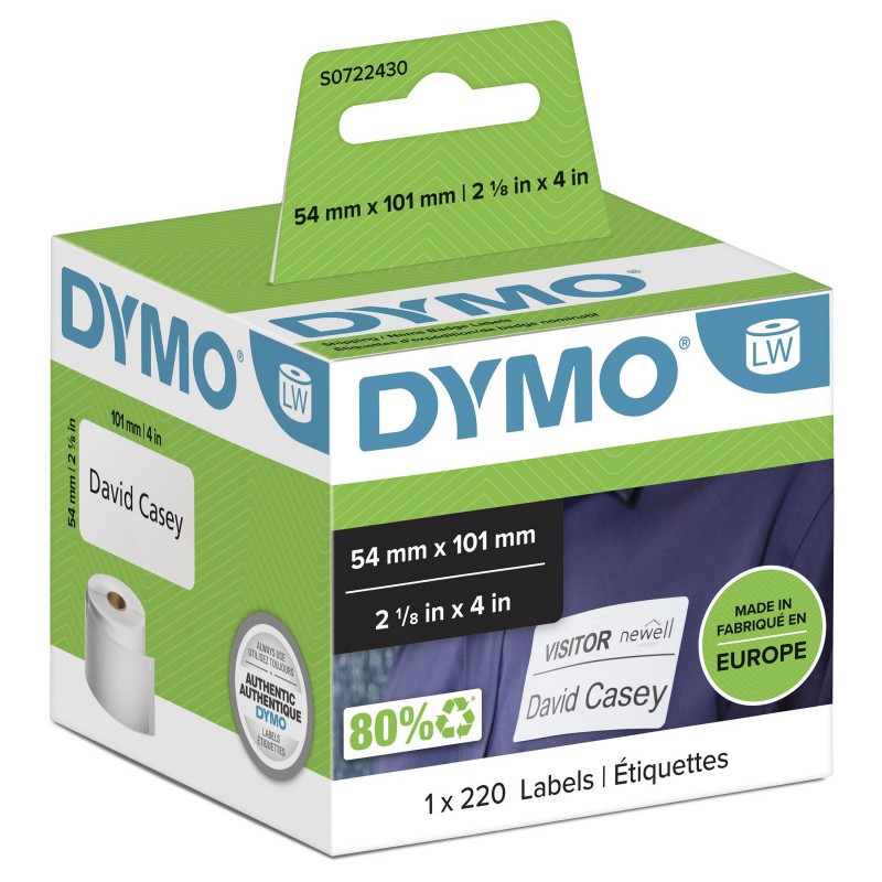 Dymo LW grandes étiquettes autocollantes authentiques pour expéditions et badges nominatifs | 54 mm x 101 mm | rouleau de 220 étiquettes faciles à décoller | pour les étiqueteuses LabelWriter, Blanc, Imprimante d'étiquette adhésive, Papier