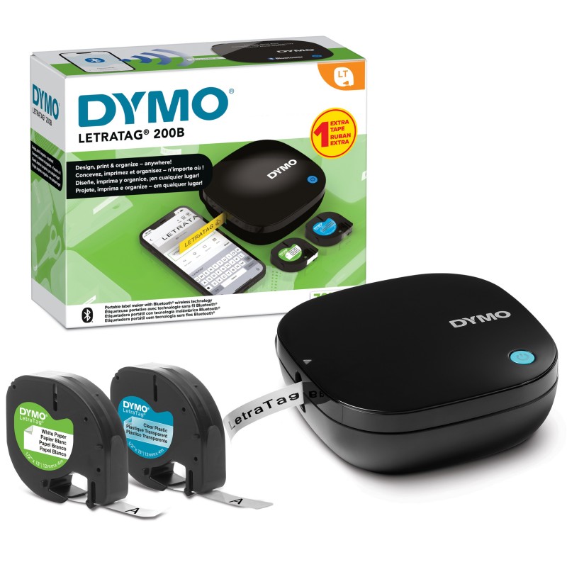 Dymo LetraTag 200B étiqueteuse Bluetooth | Imprimante d'étiquettes compacte | Se connecte à iOS et Android à l'aide de technologie Bluetooth sans fil | Inclut 2 rubans pour étiquettes, Thermique directTransfert thermique, 160 x 160 DPI, 7 mmsec, Sans