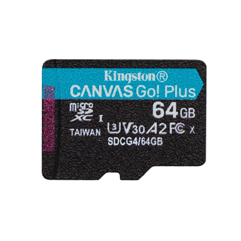 Kingston Carte microSDXC Canvas Go Plus Gen4 200R A2 U3 de 64 Go, pack unique sans ADP, 64 Go, MicroSD, Classe 10, UHS-I, 200 Mos, 100 Mos